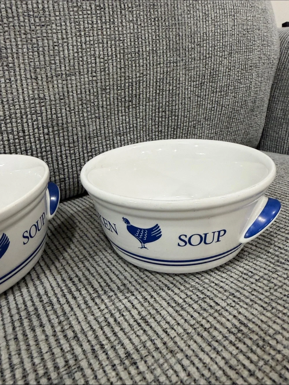 Chicken Soup Ceramic Bowls Set - White with Blue